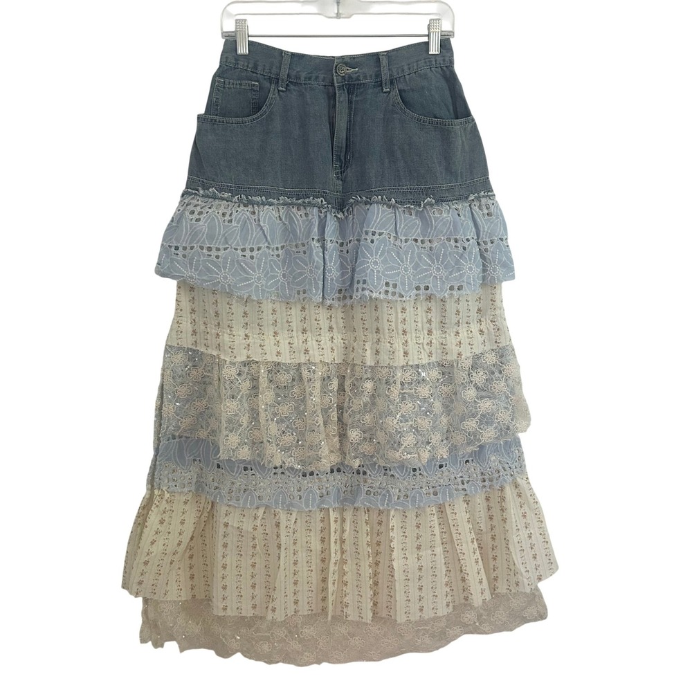 POL Women's Tiered Patchwork Denim Lace Beaded Maxi Skirt Small Cottagecore